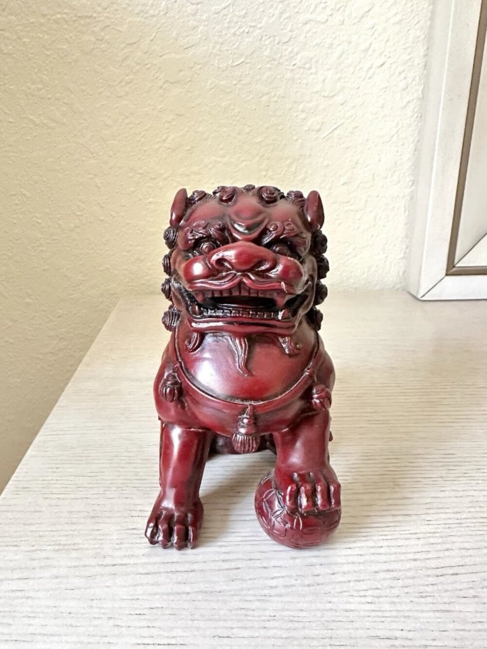 VTG CHINESE MALE FOO DOG GUARDIAN LION FIGURINE RED HEAVY RESIN CARVED ASIAN ART